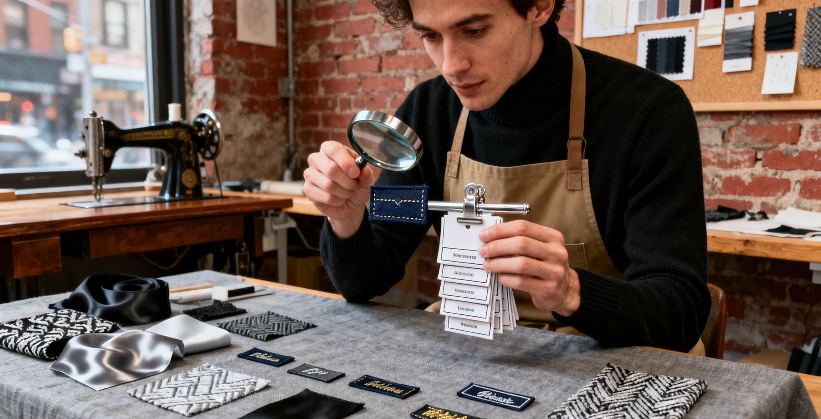 NYC designer checking woven label samples.